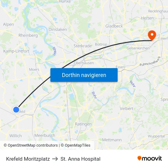 Krefeld Moritzplatz to St. Anna Hospital map