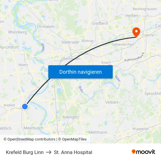 Krefeld Burg Linn to St. Anna Hospital map
