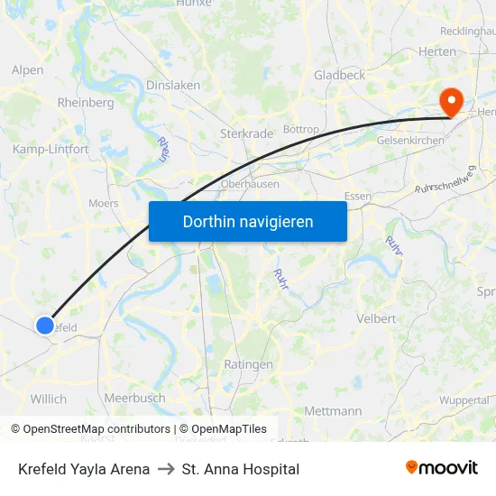 Krefeld Yayla Arena to St. Anna Hospital map