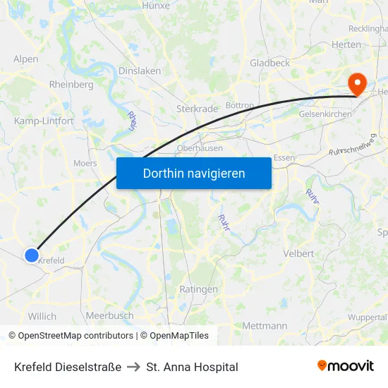 Krefeld Dieselstraße to St. Anna Hospital map