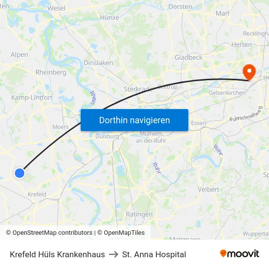 Krefeld Hüls Krankenhaus to St. Anna Hospital map