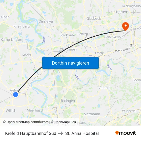 Krefeld Hauptbahnhof Süd to St. Anna Hospital map