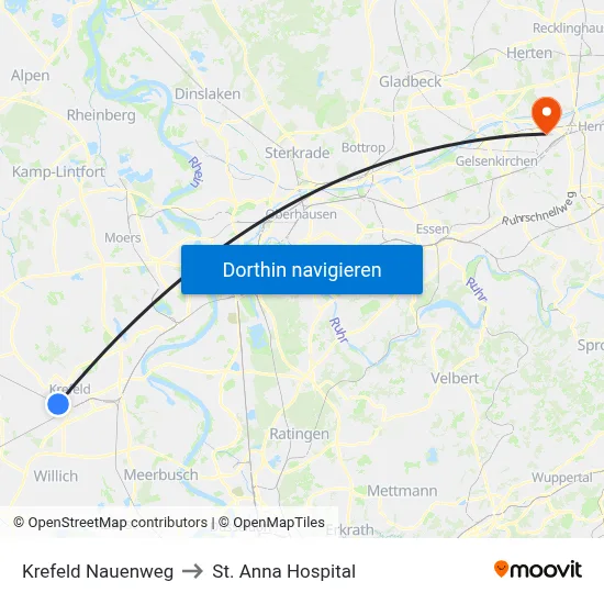 Krefeld Nauenweg to St. Anna Hospital map