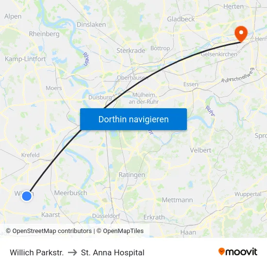 Willich Parkstr. to St. Anna Hospital map