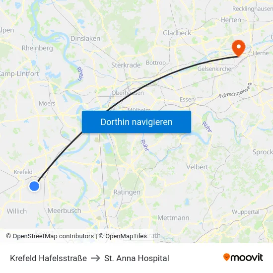 Krefeld Hafelsstraße to St. Anna Hospital map