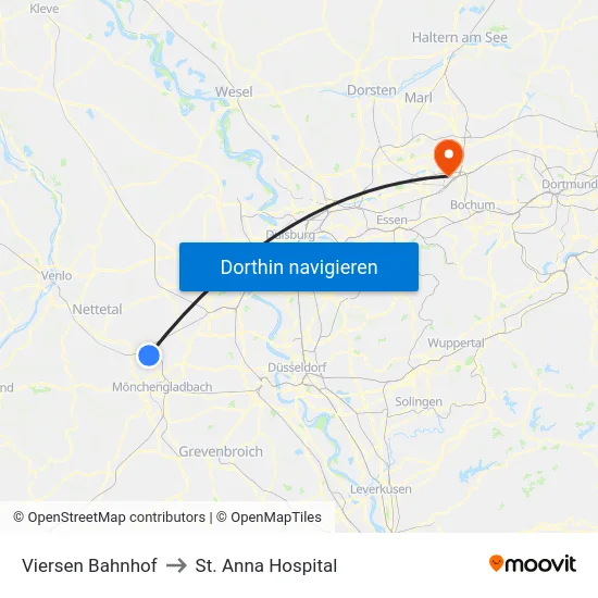 Viersen Bahnhof to St. Anna Hospital map