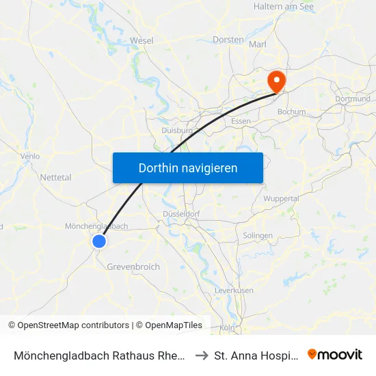 Mönchengladbach Rathaus Rheydt to St. Anna Hospital map