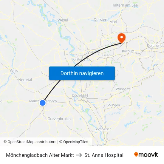 Mönchengladbach Alter Markt to St. Anna Hospital map