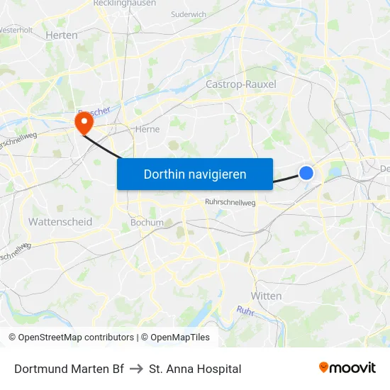 Dortmund Marten Bf to St. Anna Hospital map
