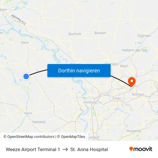 Weeze Airport Terminal 1 to St. Anna Hospital map