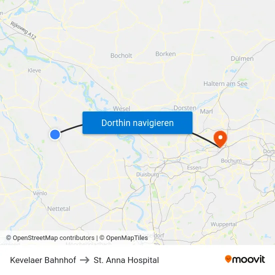Kevelaer Bahnhof to St. Anna Hospital map