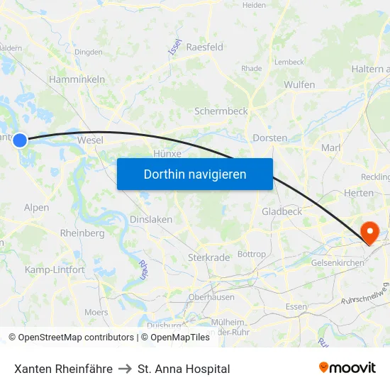 Xanten Rheinfähre to St. Anna Hospital map