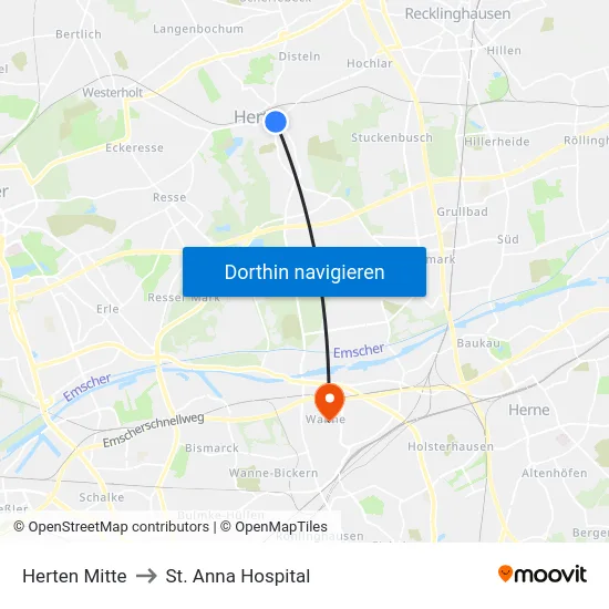 Herten Mitte to St. Anna Hospital map