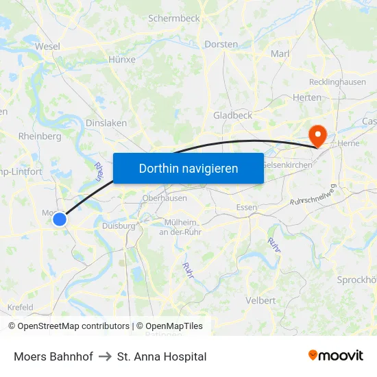 Moers Bahnhof to St. Anna Hospital map