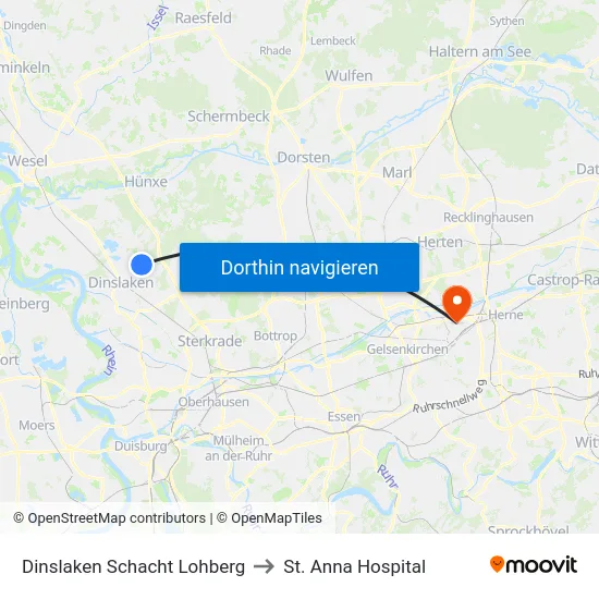 Dinslaken Schacht Lohberg to St. Anna Hospital map