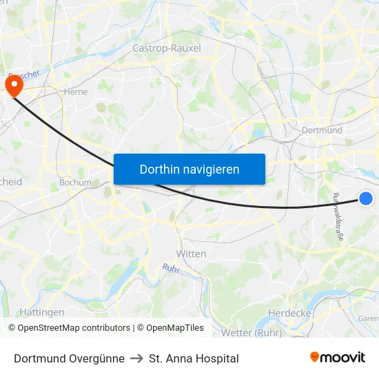 Dortmund Overgünne to St. Anna Hospital map