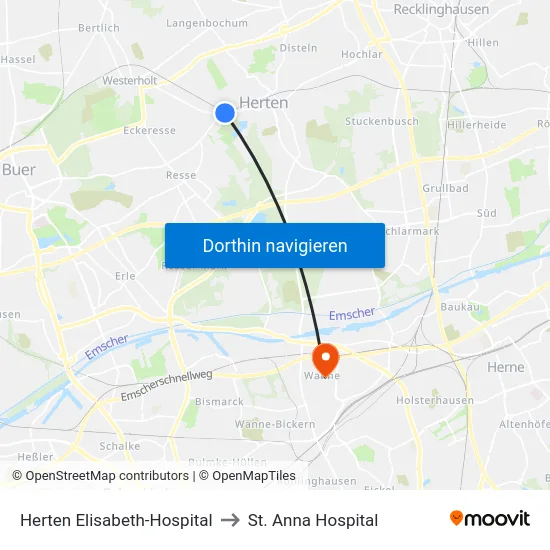 Herten Elisabeth-Hospital to St. Anna Hospital map