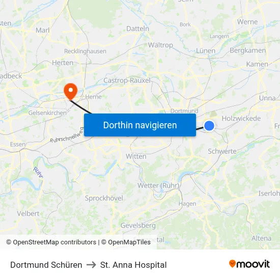 Dortmund Schüren to St. Anna Hospital map