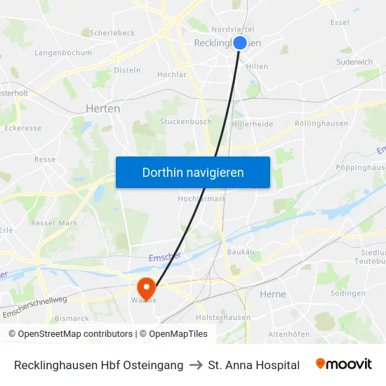 Recklinghausen Hbf Osteingang to St. Anna Hospital map