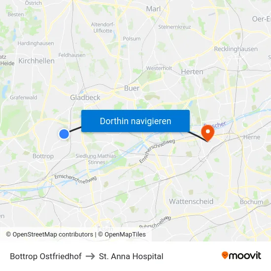 Bottrop Ostfriedhof to St. Anna Hospital map