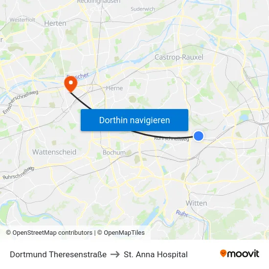 Dortmund Theresenstraße to St. Anna Hospital map