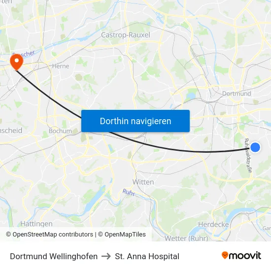 Dortmund Wellinghofen to St. Anna Hospital map