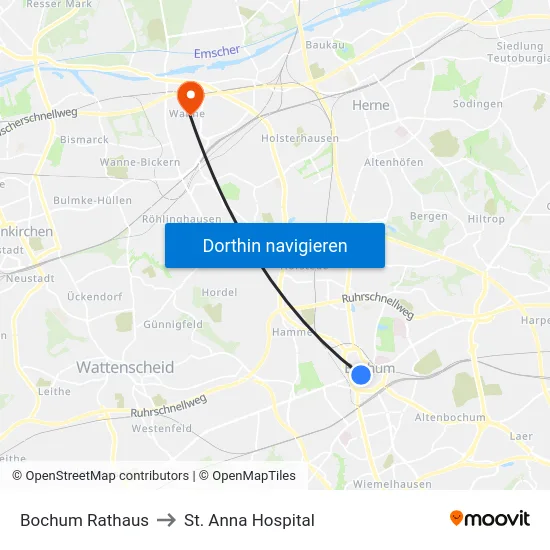 Bochum Rathaus to St. Anna Hospital map