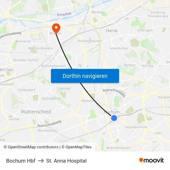 Bochum Hbf to St. Anna Hospital map