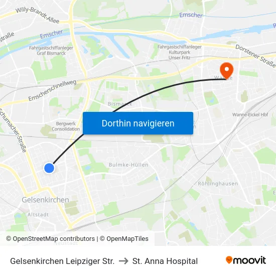 Gelsenkirchen Leipziger Str. to St. Anna Hospital map