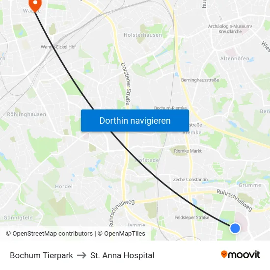Bochum Tierpark to St. Anna Hospital map