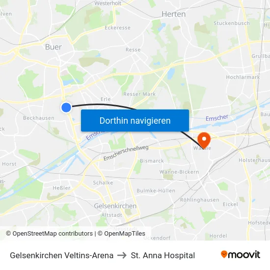Gelsenkirchen Veltins-Arena to St. Anna Hospital map