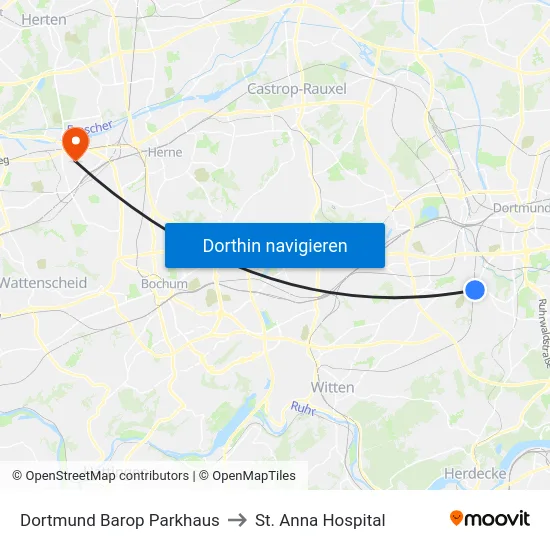 Dortmund Barop Parkhaus to St. Anna Hospital map