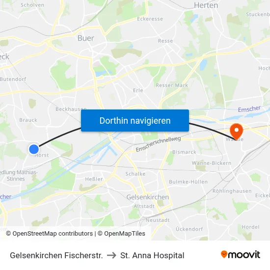 Gelsenkirchen Fischerstr. to St. Anna Hospital map