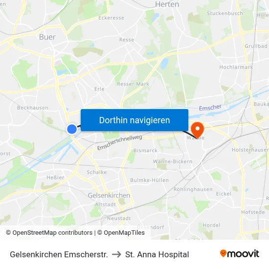 Gelsenkirchen Emscherstr. to St. Anna Hospital map