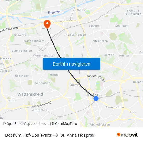 Bochum Hbf/Boulevard to St. Anna Hospital map