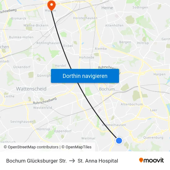 Bochum Glücksburger Str. to St. Anna Hospital map