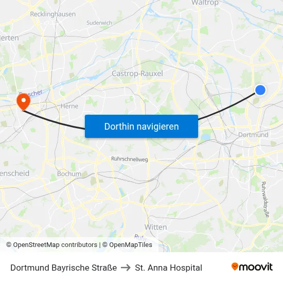 Dortmund Bayrische Straße to St. Anna Hospital map