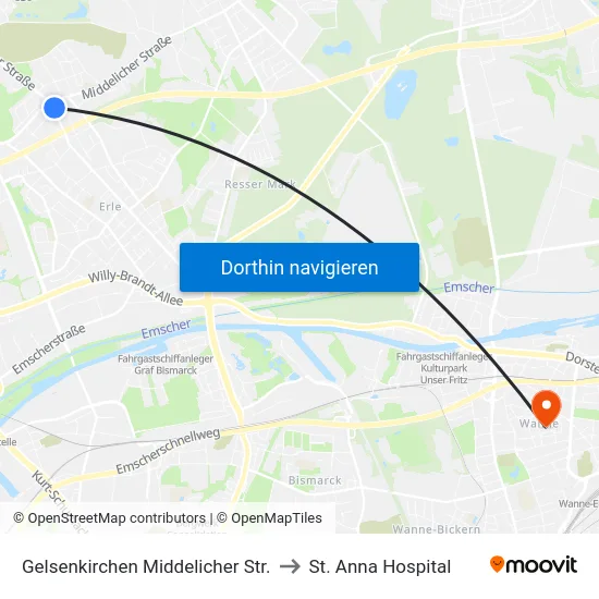 Gelsenkirchen Middelicher Str. to St. Anna Hospital map