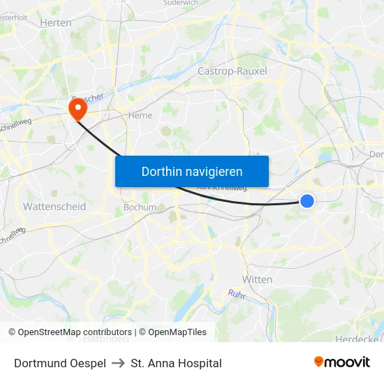 Dortmund Oespel to St. Anna Hospital map