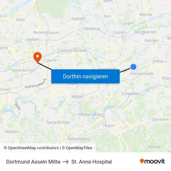 Dortmund Asseln Mitte to St. Anna Hospital map