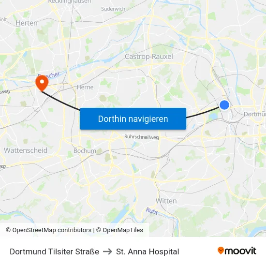 Dortmund Tilsiter Straße to St. Anna Hospital map