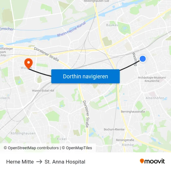 Herne Mitte to St. Anna Hospital map