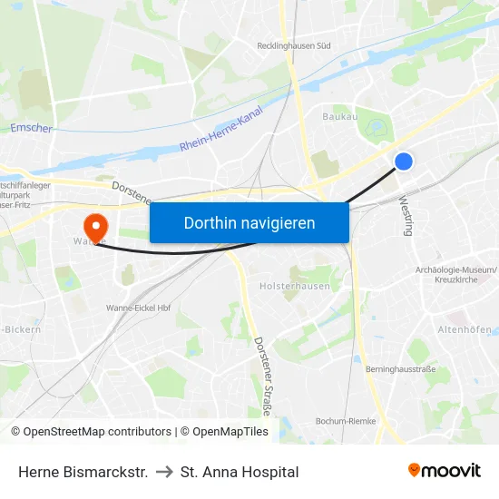 Herne Bismarckstr. to St. Anna Hospital map