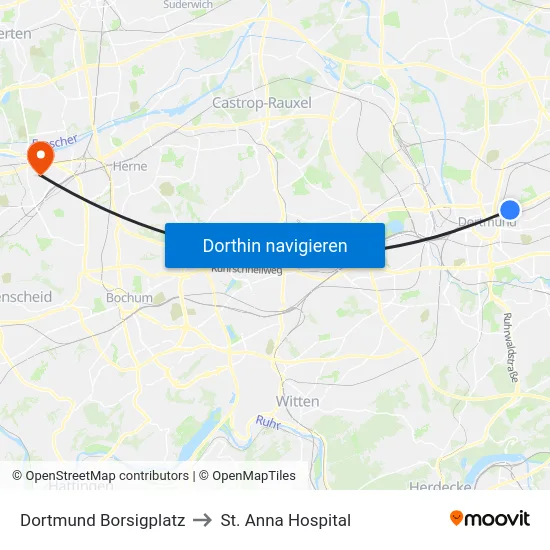 Dortmund Borsigplatz to St. Anna Hospital map