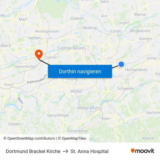 Dortmund Brackel Kirche to St. Anna Hospital map