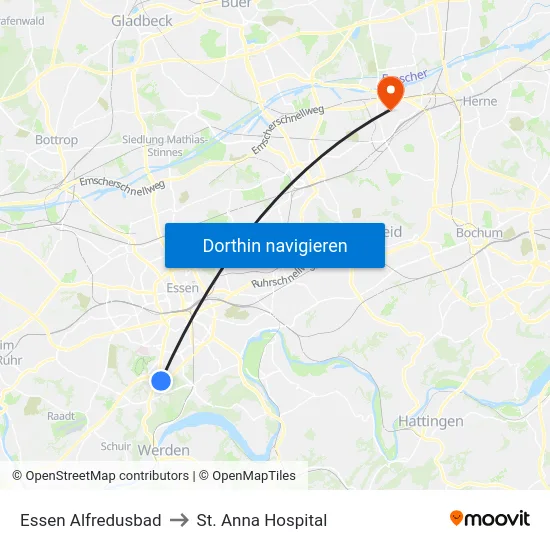 Essen Alfredusbad to St. Anna Hospital map
