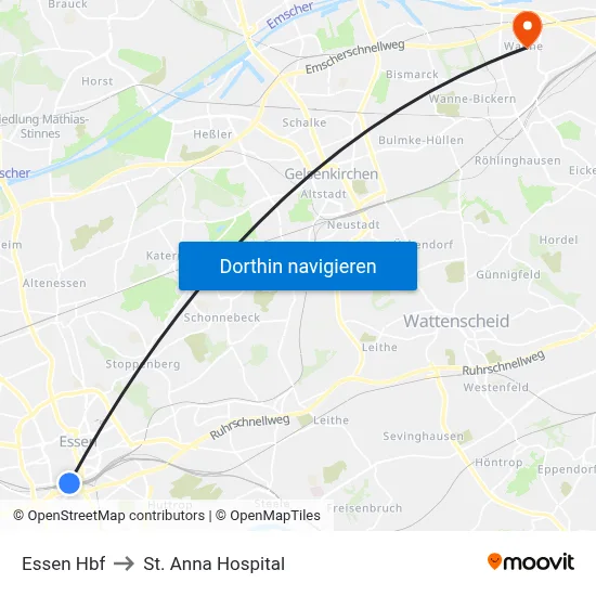 Essen Hbf to St. Anna Hospital map
