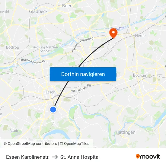 Essen Karolinenstr. to St. Anna Hospital map