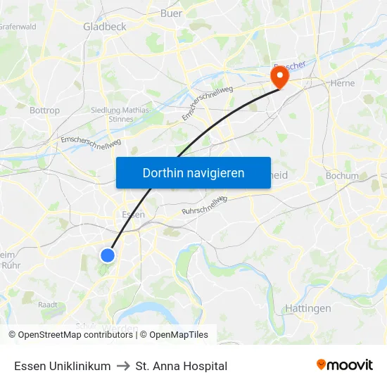 Essen Uniklinikum to St. Anna Hospital map