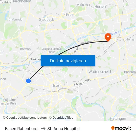Essen Rabenhorst to St. Anna Hospital map